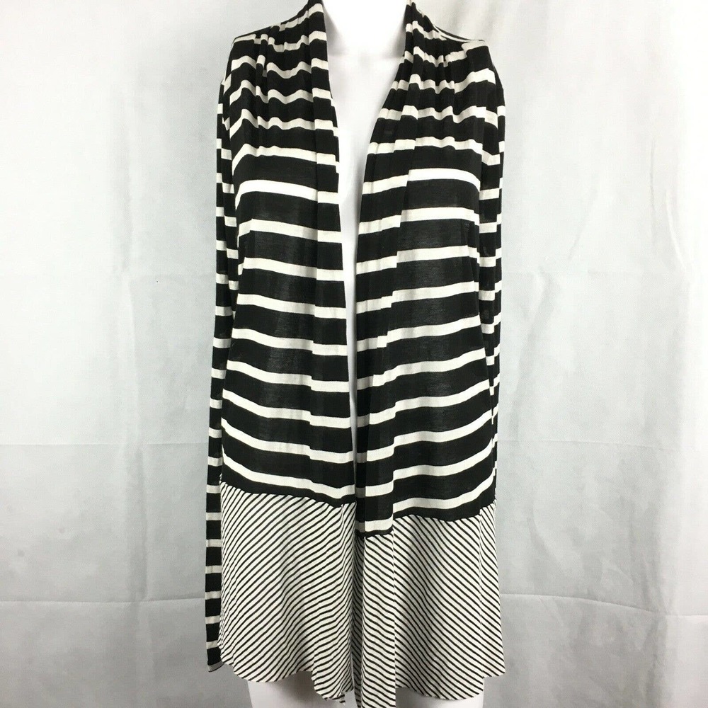 Three Dots‎ Cardigan Womens Sz L  Black White Striped Open Front Stretch Knit